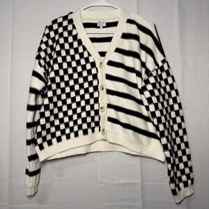 Blue Rain Francesca's Cardigan M Black White Colorblock Striped Split Knit
